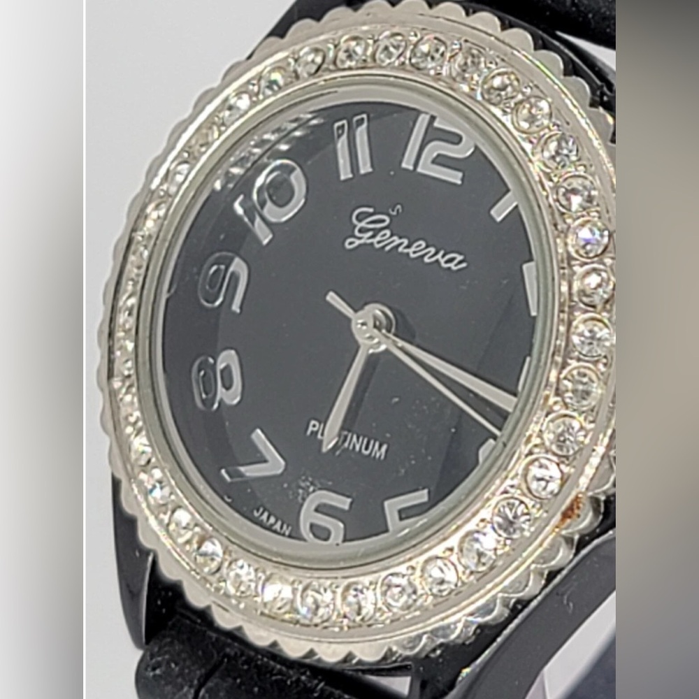 Geneva Platinum 6886 Black Silicone Watch Rhinestone Bezel Japan Quartz